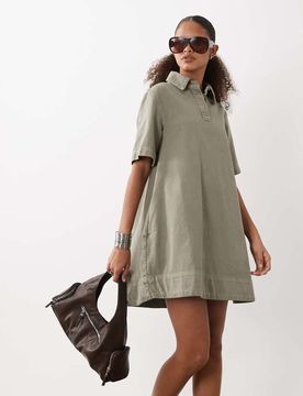 Robe chemise fluide en jean à col polo - Kaki-Vert 46