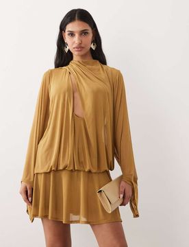 Robe courte drapée à encolure bateau et manches blousantes - Olive-Noir XS