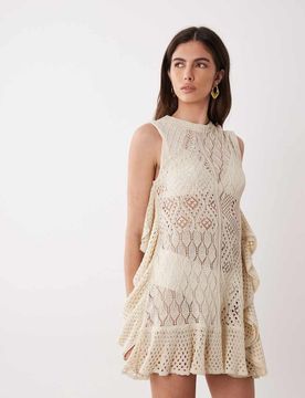 Robe courte en dentelle surpiquée avec volants - Crème-Blanc M