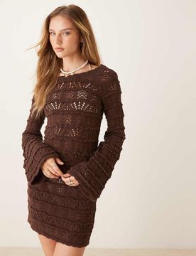 Robe courte en maille ajourée à manches évasées - Chocolat-Marron XS