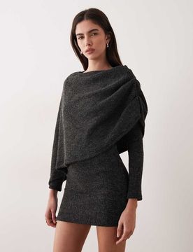 Robe courte en tissu côtelé brossé avec cape - Anthracite-Gris L