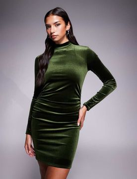 Robe courte en velours à col haut et manches longues - Olive-Vert XS