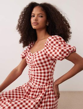Robe courte froncée devant - Vichy rouge 42