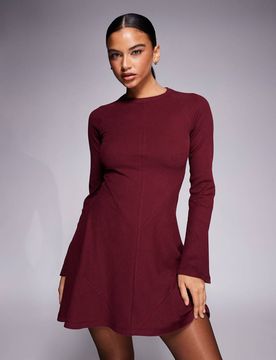 Robe courte patineuse côtelée à manches évasée et surpiqûres - Bordeaux-Rouge 40