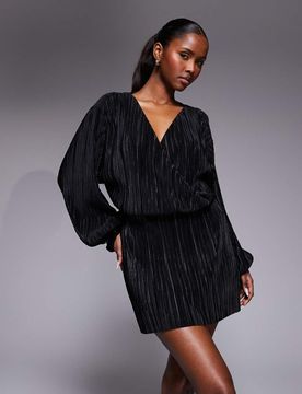 Robe courte plissée à manches ballon - Noir 42
