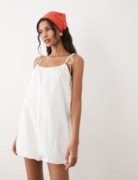Robe d'été courte et bouffante en popeline avec bretelles nouées - Blanc 42