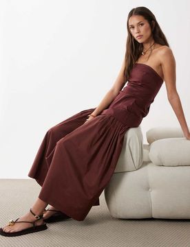 Robe d'été longue coupe bandeau en coton satiné avec jupe en popeline à taille basse - Chocolat chaud-Marron 34