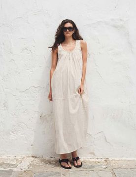 Robe d'été longue froncée en popeline rayée à encolure dégagée - Noir et blanc-Multicolore 38