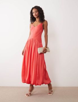Robe droite en satin coupée en biais avec ourlet bouffant - Corail-Orange 40