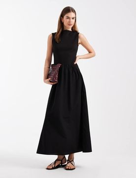 Robe longue 2-en-1 à taille basse en popeline de coton - Noir S