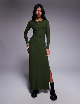 Robe longue côtelée fendue - Kaki-Vert 32