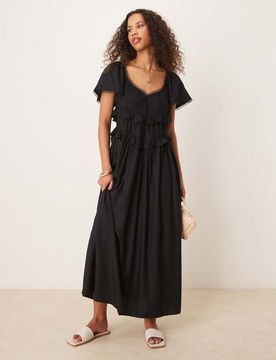 Robe longue cintrée à la taille avec manches évasées - Noir 34
