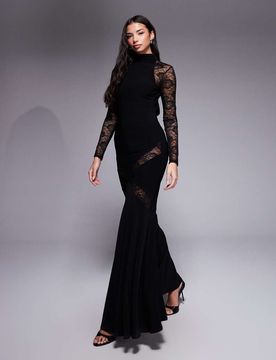 Robe longue à col montant avec empiècements en dentelle - Noir M