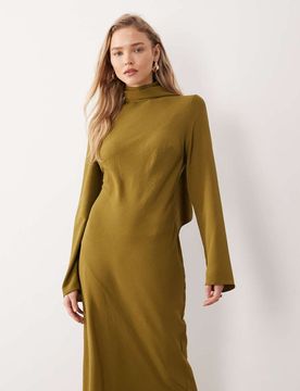 Robe longue à col montant façon foulard - Olive-Vert 46