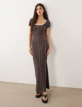 Robe longue à mancherons et coutures apparentes - Chocolat-Marron L