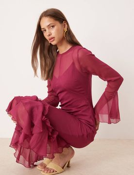 Robe longue à manches évasées et ourlet volanté - Cerise-Rouge 44