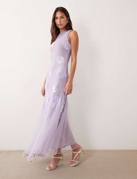 Robe longue à pois ornée de sequins - Lilas-rose 42