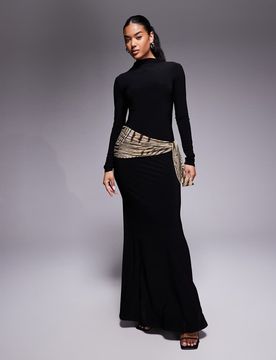 Robe longue dos nu à col montant et écharpe imprimée - Noir-Multicolore M