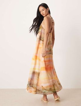Robe longue dos nu à perles - Imprimé coucher de soleil délavé-Multicolore 34