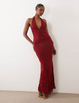 Robe longue dos nu de qualité supérieure à broderies appliquées - Rouge 44