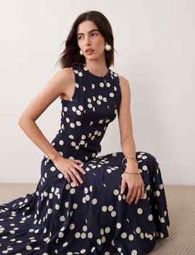 Robe longue dos nageur à pois avec jupe à godets - Bleu marine-Multicolore 32