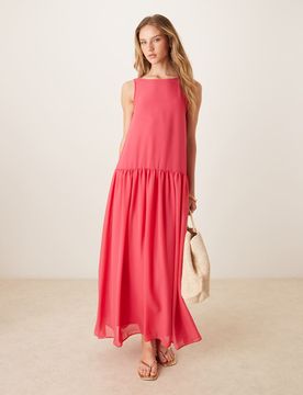 Robe longue en mousseline à taille basse - Rose vif-Multicolore 36