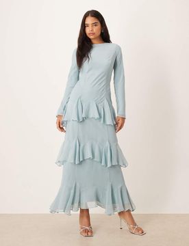 Robe longue en mousseline à volants et manches longues - Bleu cendré 40