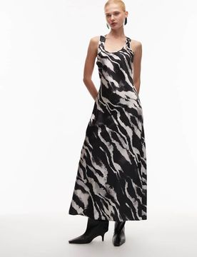 Robe longue en satin à encolure dégagée - Imprimé zébrures-Multicolore 42