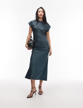 Robe longue en satin à mancherons et coutures apparentes - Vert 40