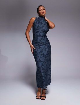 Robe longue en tissu dévoré à encolure licou et dos ouvert avec détail drapé - Bleu L