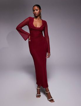 Robe longue en tulle à manches ange et laçage dans le dos - Bordeaux-Rouge 32