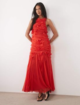Robe longue sans manches à volants - Rouge-Pas de couleur 46