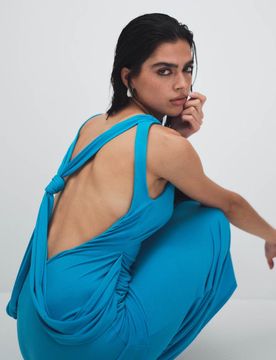 Robe longue près du corps à détail noué drapé au dos - Turquoise-Bleu 40
