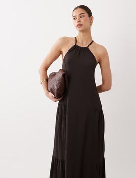 Robe longue trapèze texturée à dos nu - Chocolat-Marron 36