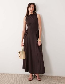 Robe longueur mollet en jersey à encolure bateau - Chocolat-Brown 32