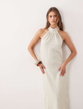 Robe mi-longue dos nu en maille texturée à rayures - Crème et vert clair-Blanc L