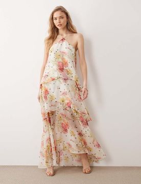 Robe mi-longue dos nu en mousseline à fleurs - Rose et blanc-Multicolore 32