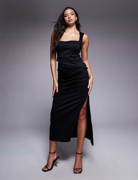 Robe mi-longue en maille point de Rome à encolure carrée - Noir 36