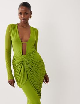 Robe mi-longue effet drapé en tulle avec manches longues et décolleté plongeant - Vert S