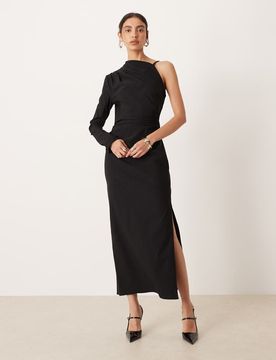 Robe mi-longue et asymétrique effet drapé à fines rayures - Noir/blanc-Multicolore 34