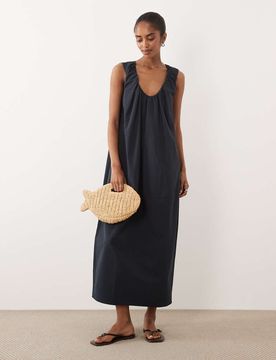 Robe mi-longue et bouffante à fronces et décolleté plongeant - Bleu marine 44