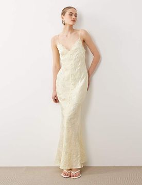 Robe nuisette longue boutonnée sur le devant avec détail en dentelle - Jaune 38