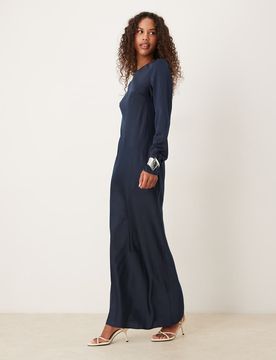 Robe nuisette longue en satin mat avec coutures apparentes - Bleu marine 40