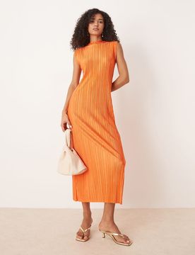 Robe plissée coupe mi-longue et sans manches - Orange S