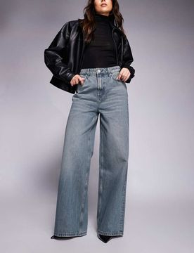 Weit geschnittene Jeans in verwaschenem Grau mit hohem Bund Grau W30 L30