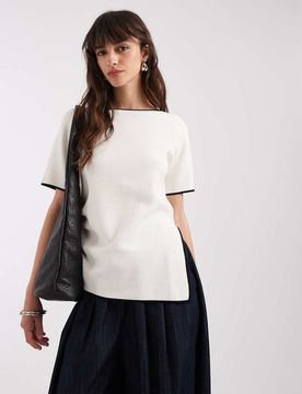 T-shirt asymétrique froncé sur le côté avec liseré noir - Blanc XS