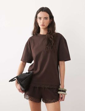 T-shirt d'ensemble oversize en coton avec ourlet en dentelle - Chocolat-Marron XS