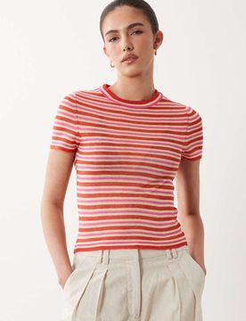 T-shirt en maille transparente rayée - Rouge-multicolore L