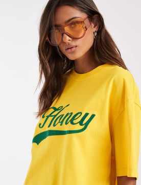T-shirt oversize avec inscription Honey - Jaune moutarde XS