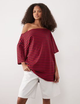 T-shirt rayé à épaules dénudées - Bleu marine-multicolore XS